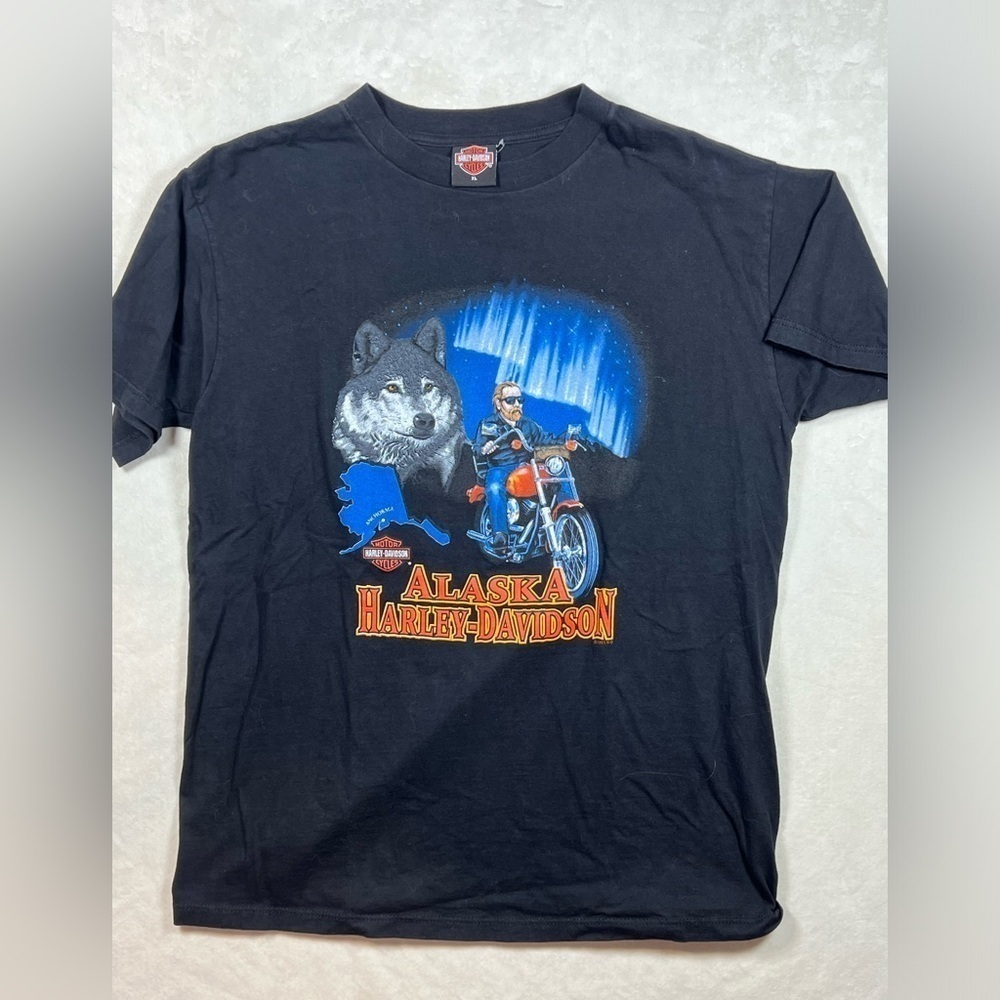 Vintage XL Harley Davidson Made in USA Holoubek 1996 Y2K Alaska Wolf Print Shirt